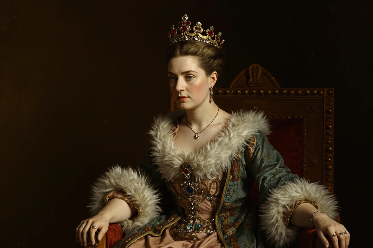 Regal 18th century portrait of a European empress in a fur-trimmed robe and jeweled crown, seated on an ornate throne