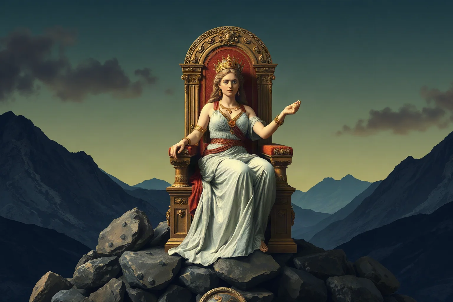 Regal Greek goddess seated on an ornate throne on Mount Olympus, classical mythological illustration
