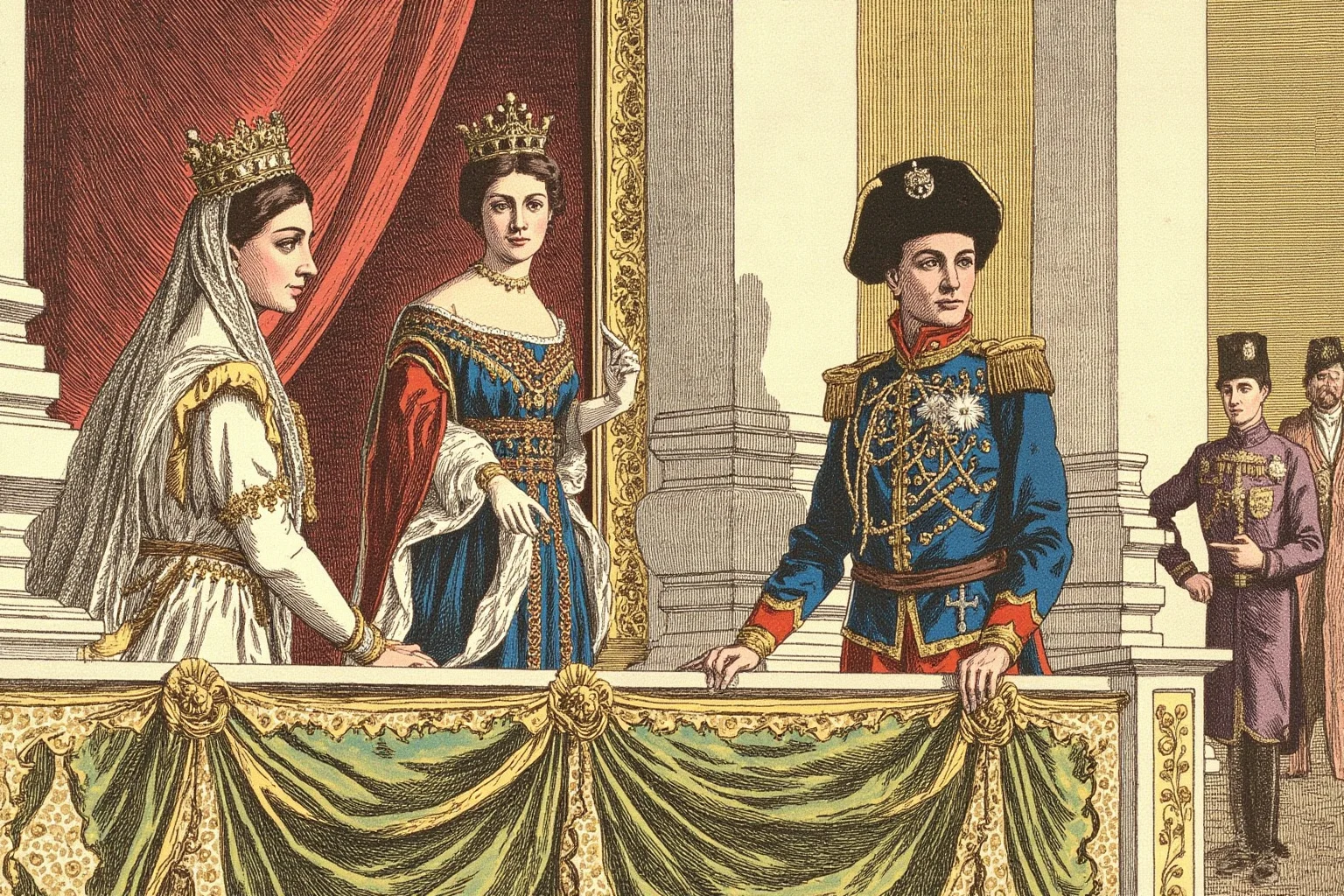 Star-Crossed Lovers: The 22 Greatest Historical Romances Ever 16 Regal illustration of an 18th-century Russian empress and a military general standing on a palace balcony