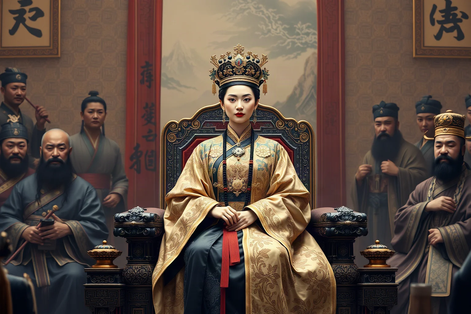 Regal Tang dynasty empress seated on an imperial throne surrounded by court officials