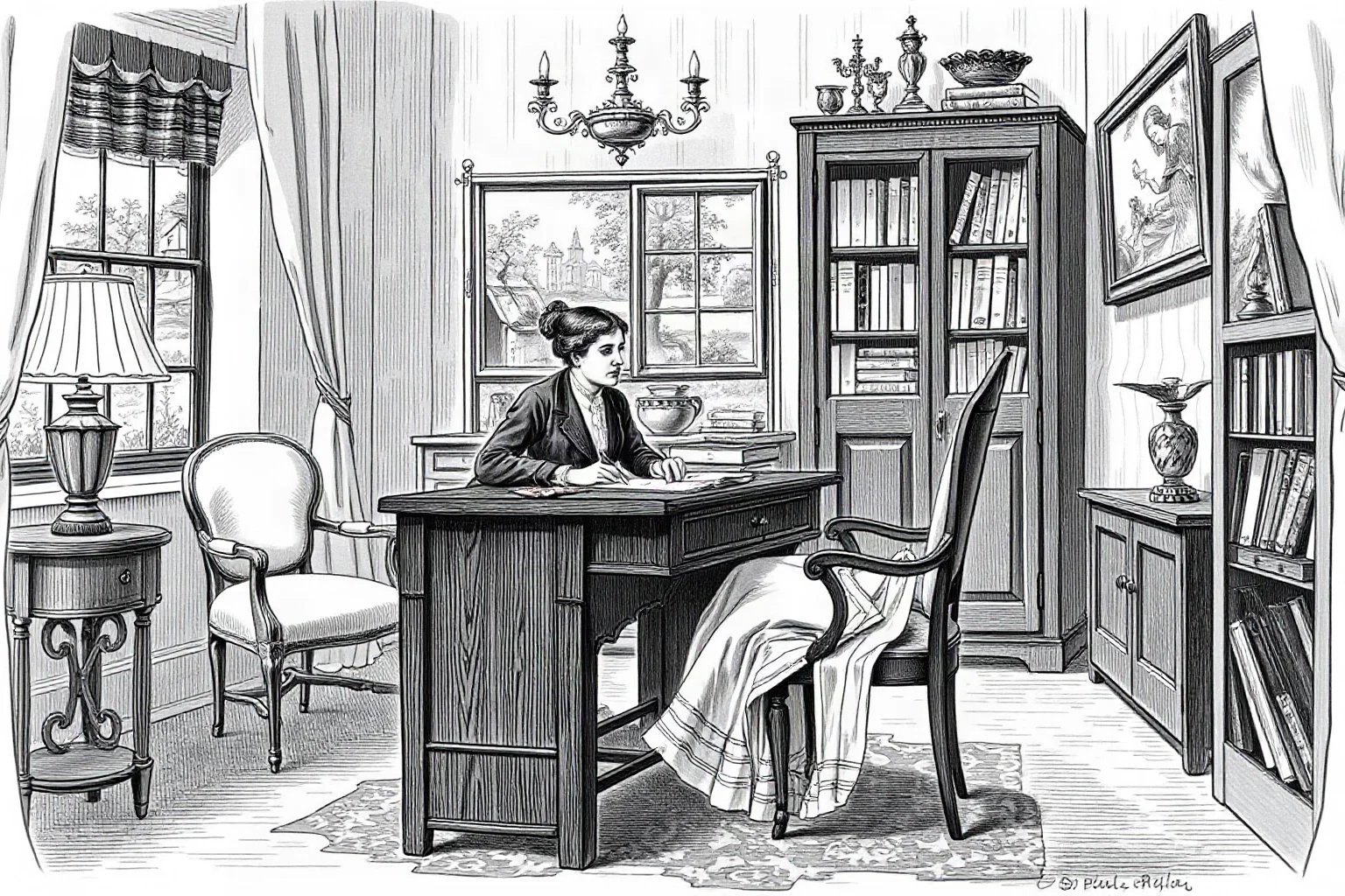 Regency-era illustration of a woman writer at a small writing desk in an English countryside parlor