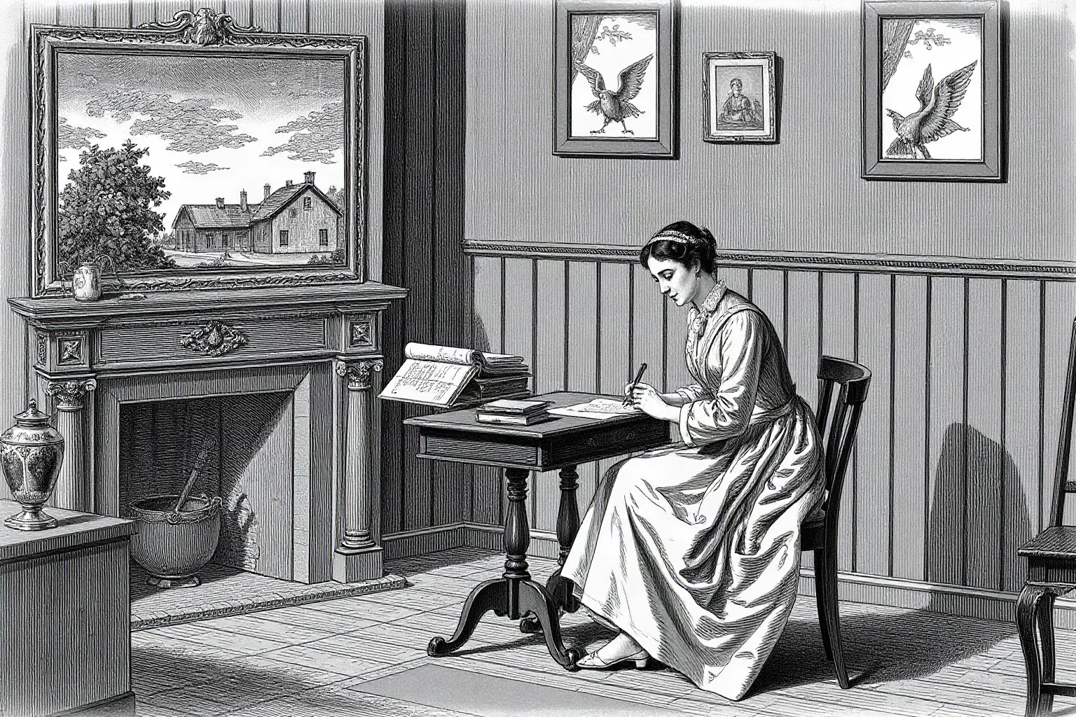 Regency-era illustration of a woman writing letters at a small desk in an English drawing room