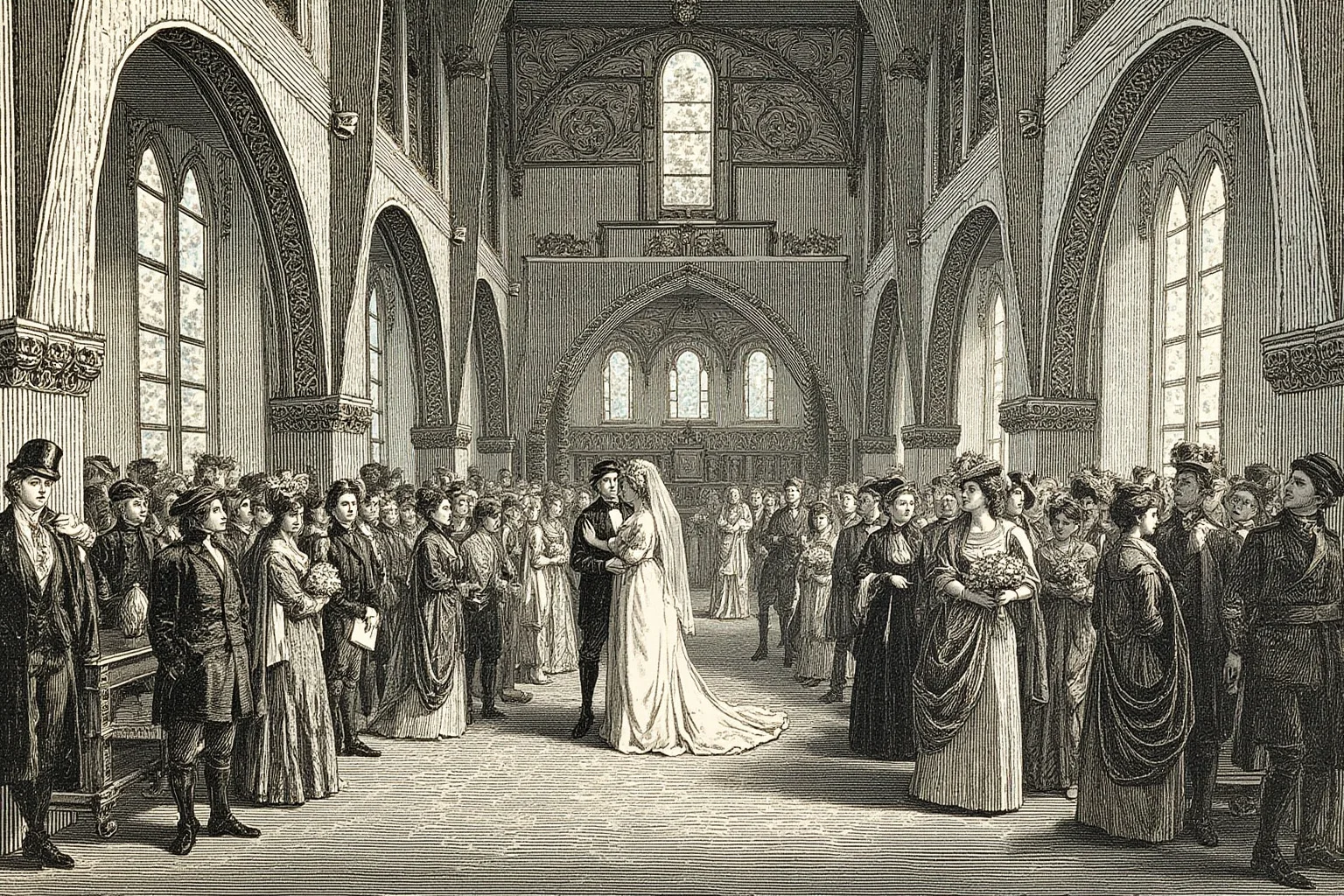 Lord Byron and Lady Caroline Lamb: History's Messiest Love Story 4 Regency-era wedding scene illustration inside an English country church, early 1800s style