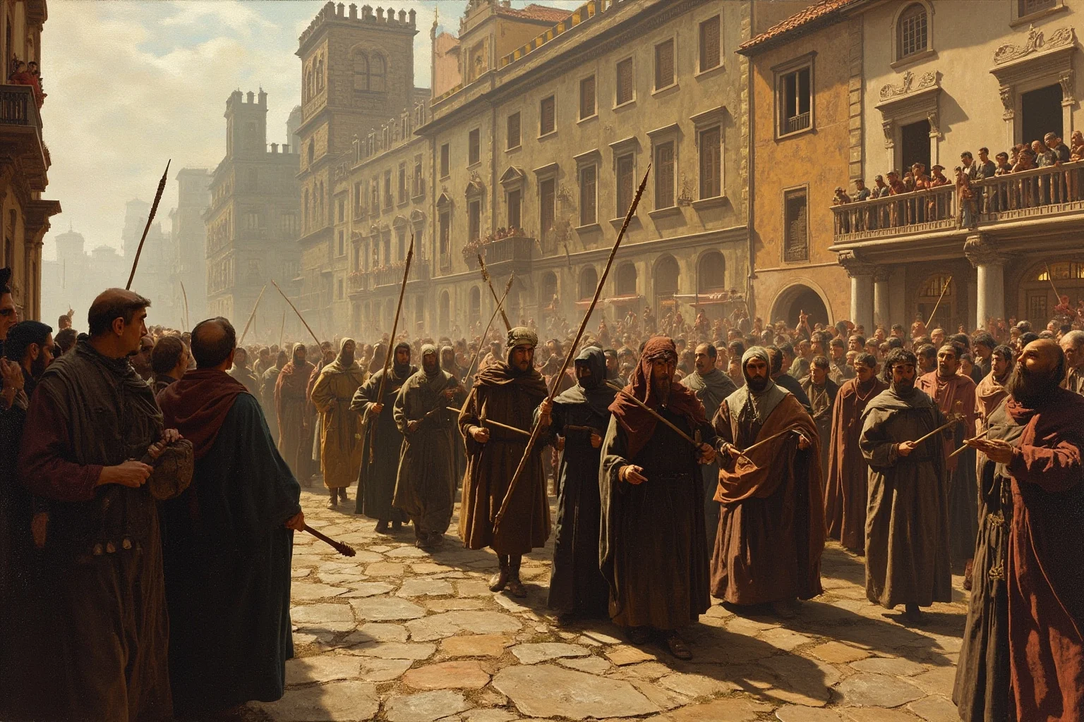 Religious procession of flagellants in medieval town square, showing figures in robes with whips and onlookers