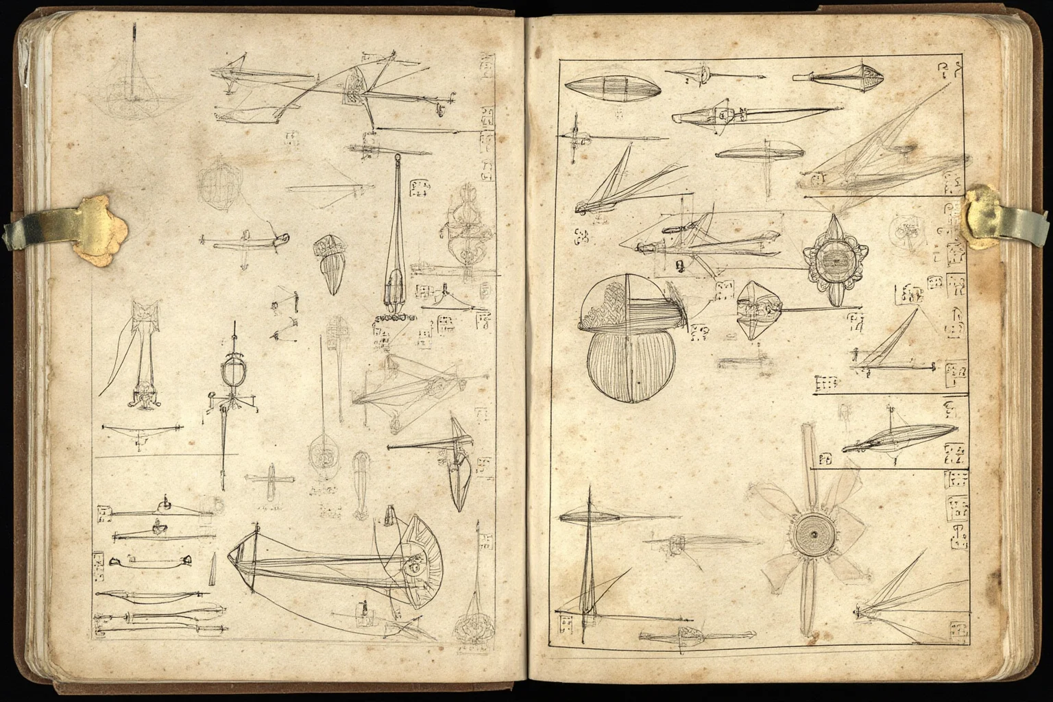 Renaissance-era notebook page filled with sketches of wing-like flying machine designs and gears