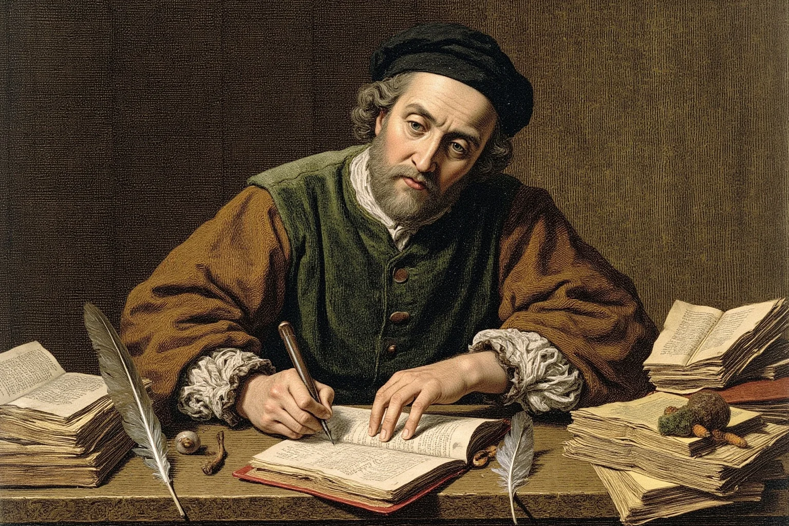 Historical Villains Who Were Actually Heroes 9 Renaissance illustration of a scholar writing at a wooden desk surrounded by political manuscripts and quills