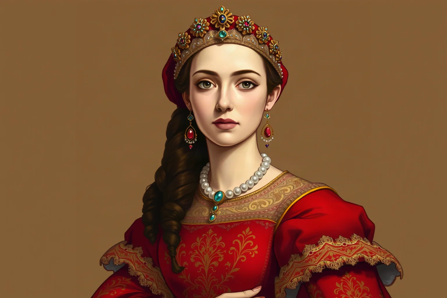 Renaissance Italian portrait style illustration of a noblewoman in an elegant embroidered gown with a jeweled headpiece