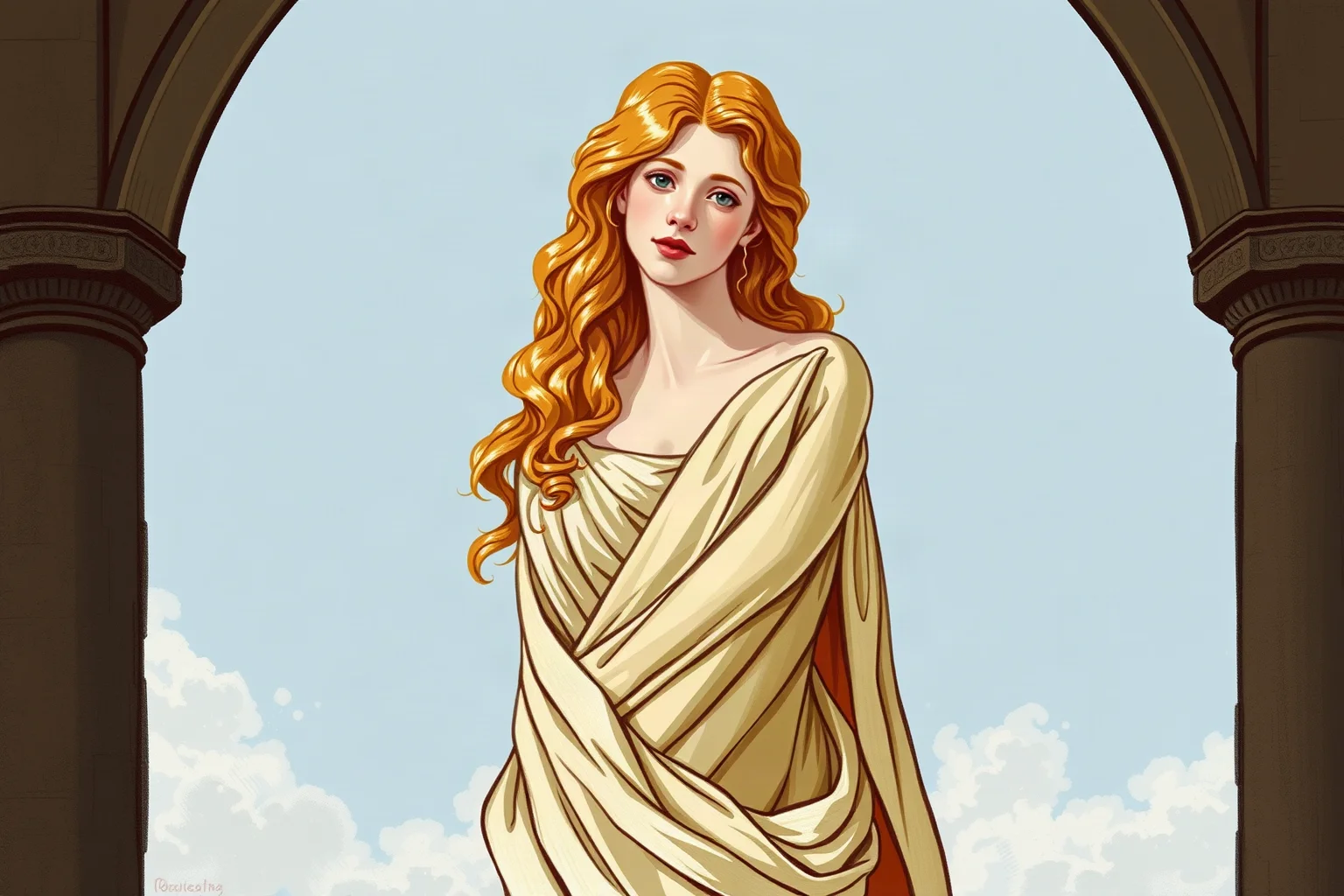 Renaissance painting style illustration of a young Florentine woman with golden wavy hair in classical goddess-inspired drapery