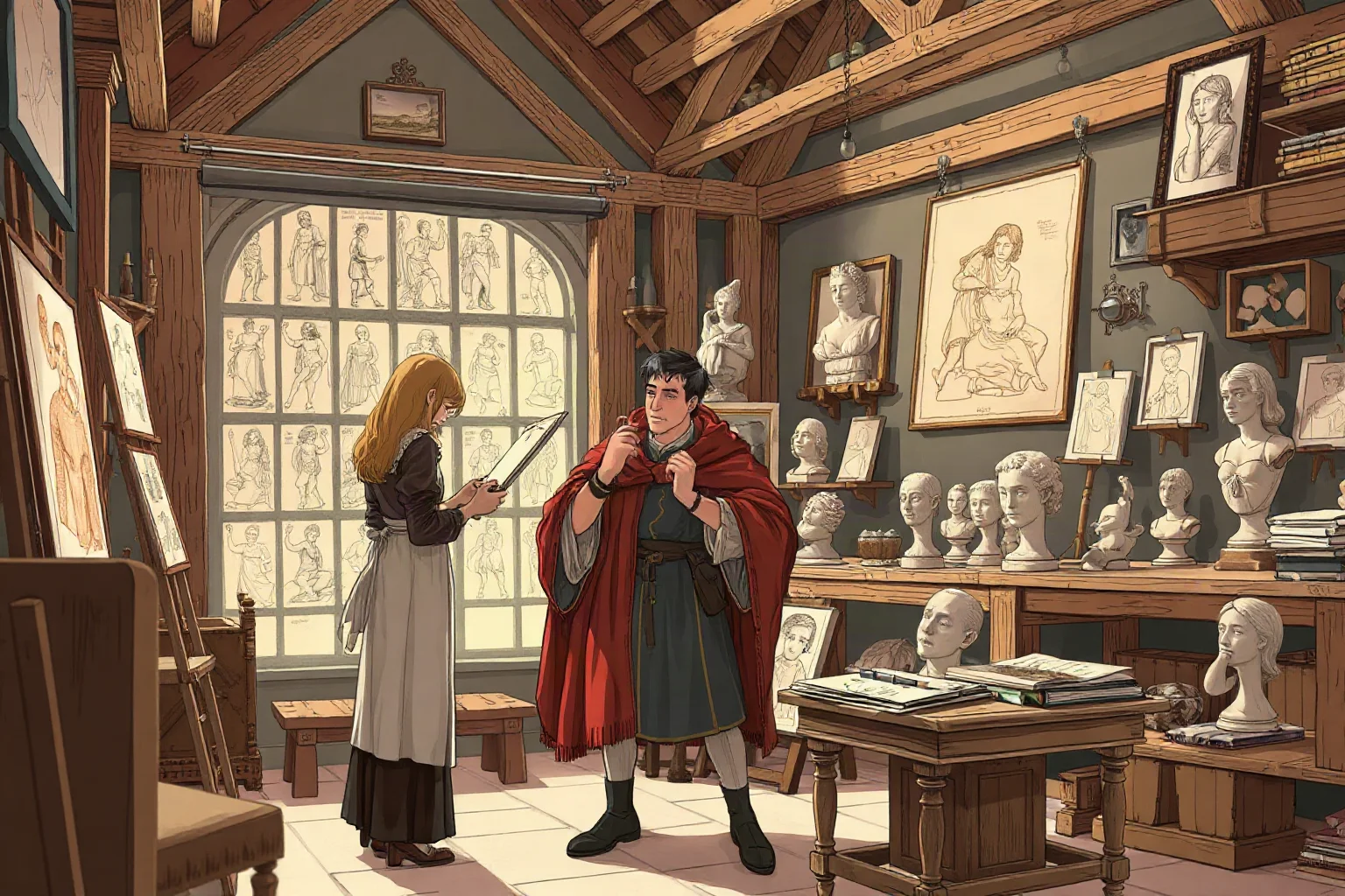 Renaissance-style illustration of an artist and apprentice in a workshop filled with sketches and sculptures