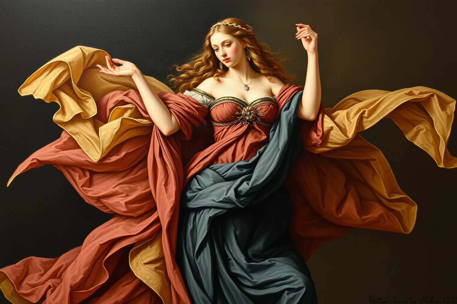 Renaissance-style oil painting illustration of a French noblewoman styled as a mythological goddess in flowing drapery