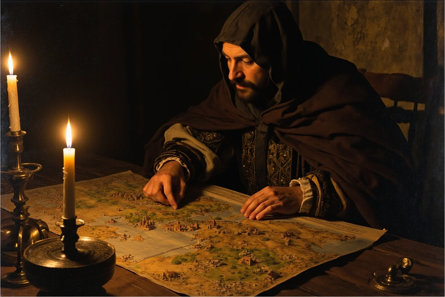 Historical Villains Who Were Actually Heroes 8 Renaissance-style painting of a cloaked Italian nobleman plotting over a map of fortified city-states by candlelight