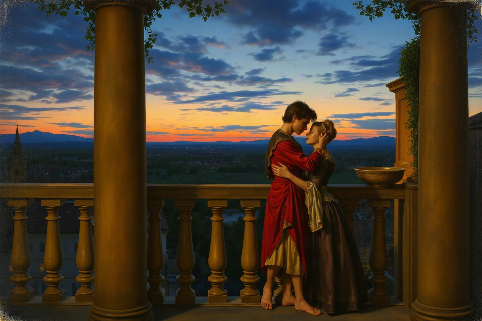 Renaissance-style painting of two young lovers on a balcony at dusk, theatrical and tragic mood