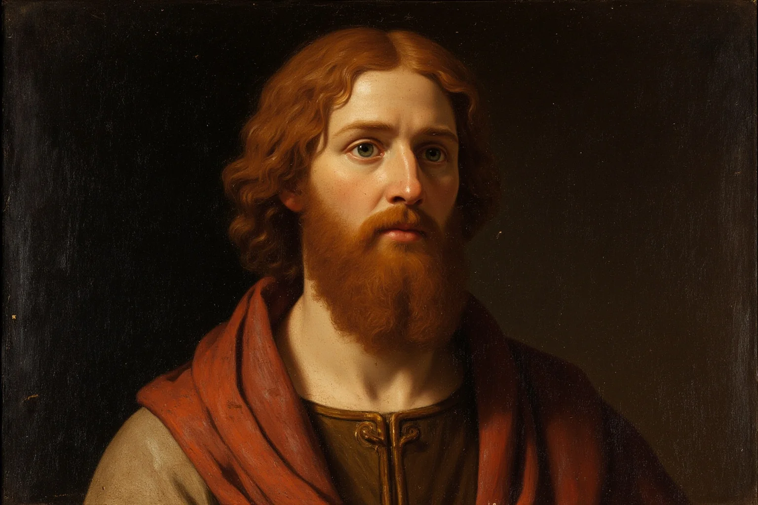 Renaissance-style painting reproduction concept showing a robed biblical figure with red hair, artistic homage not photorealistic