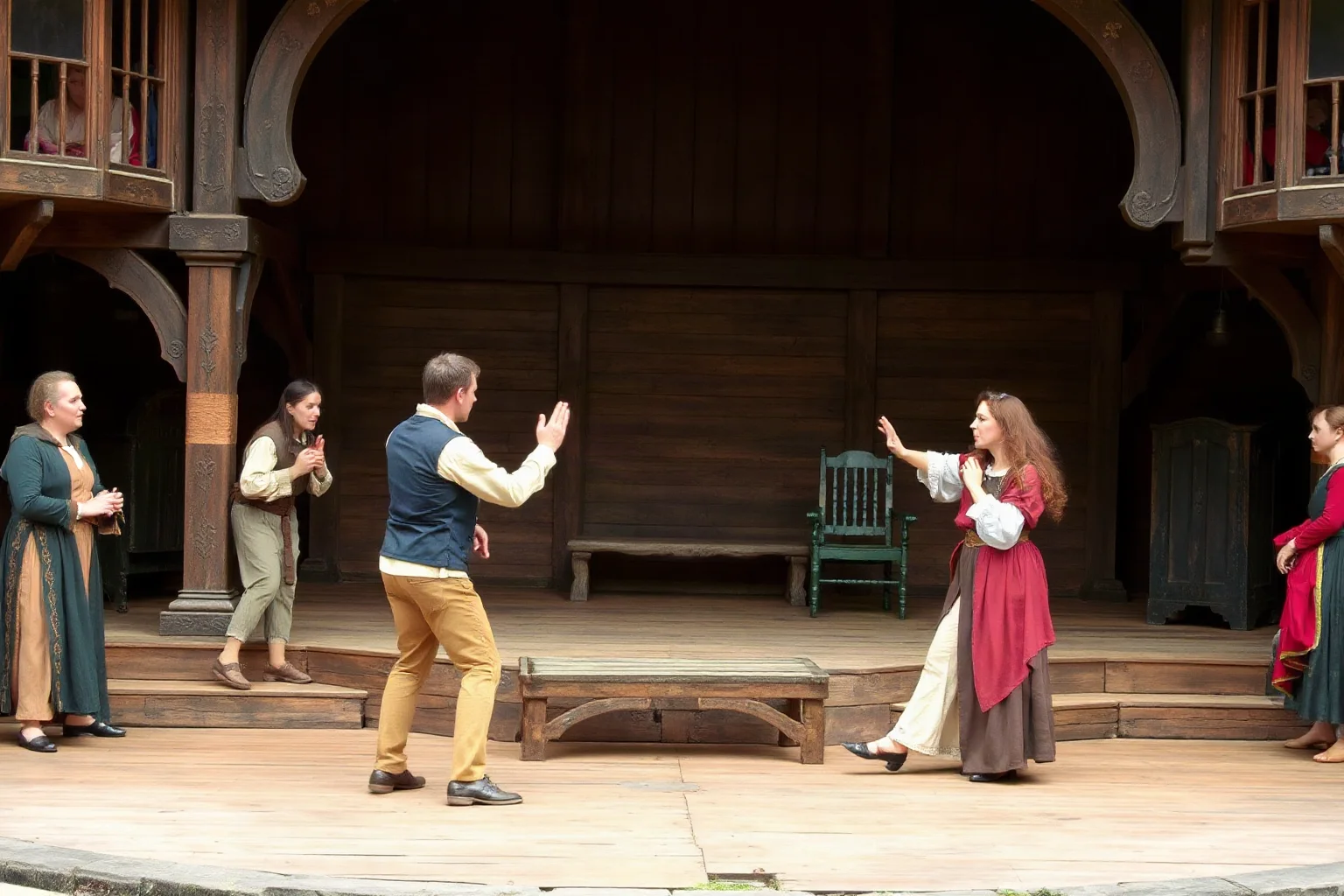 Renaissance theater with period actors performing a dramatic scene, open-air playhouse