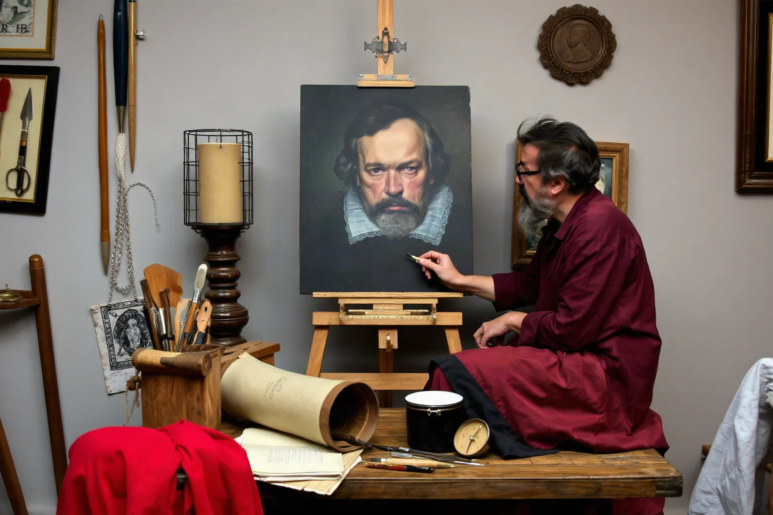 Renaissance workshop with artist at easel painting a mysterious portrait, various artistic tools