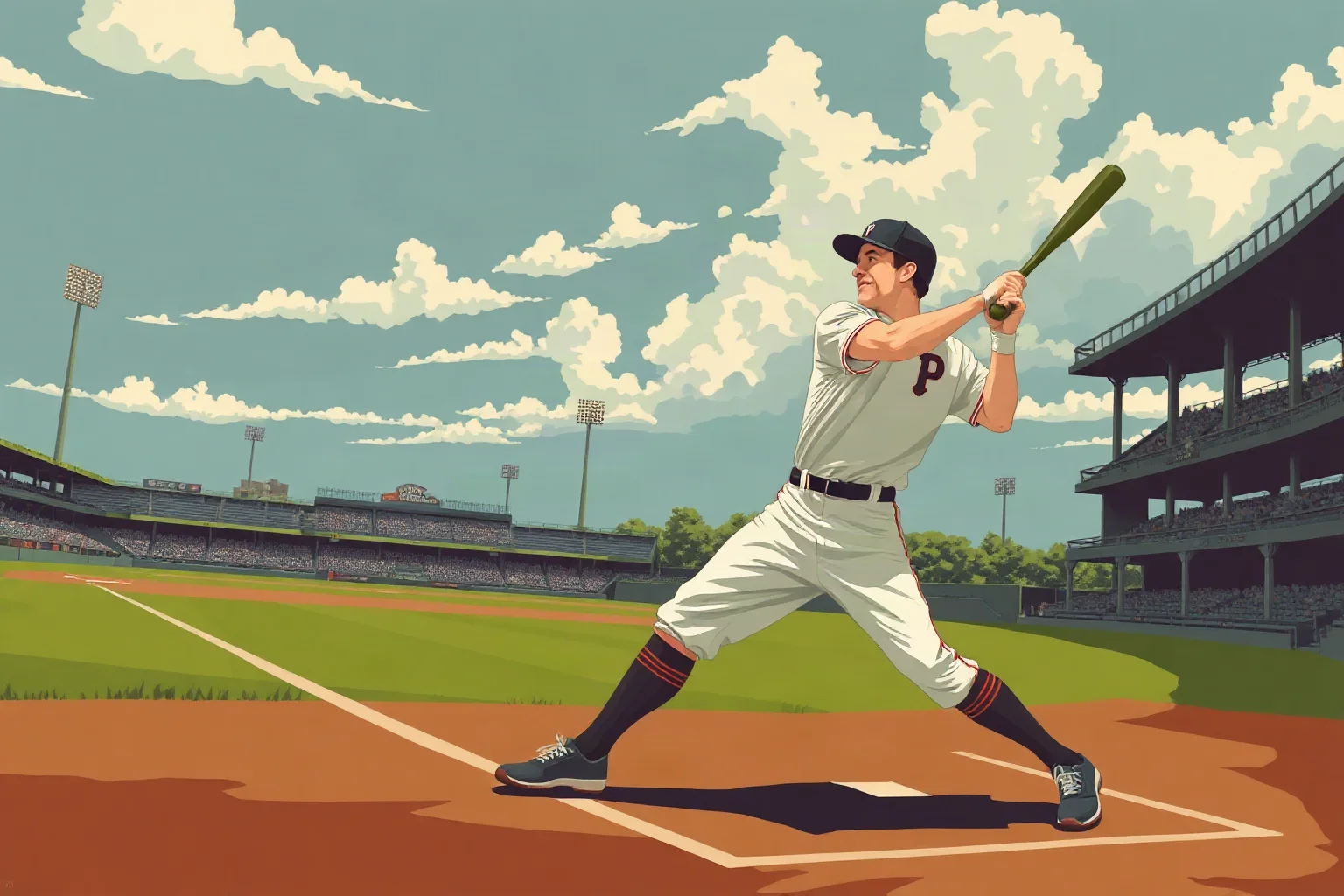 Retro 1920s-style illustration of a baseball slugger mid-swing in an old ballpark