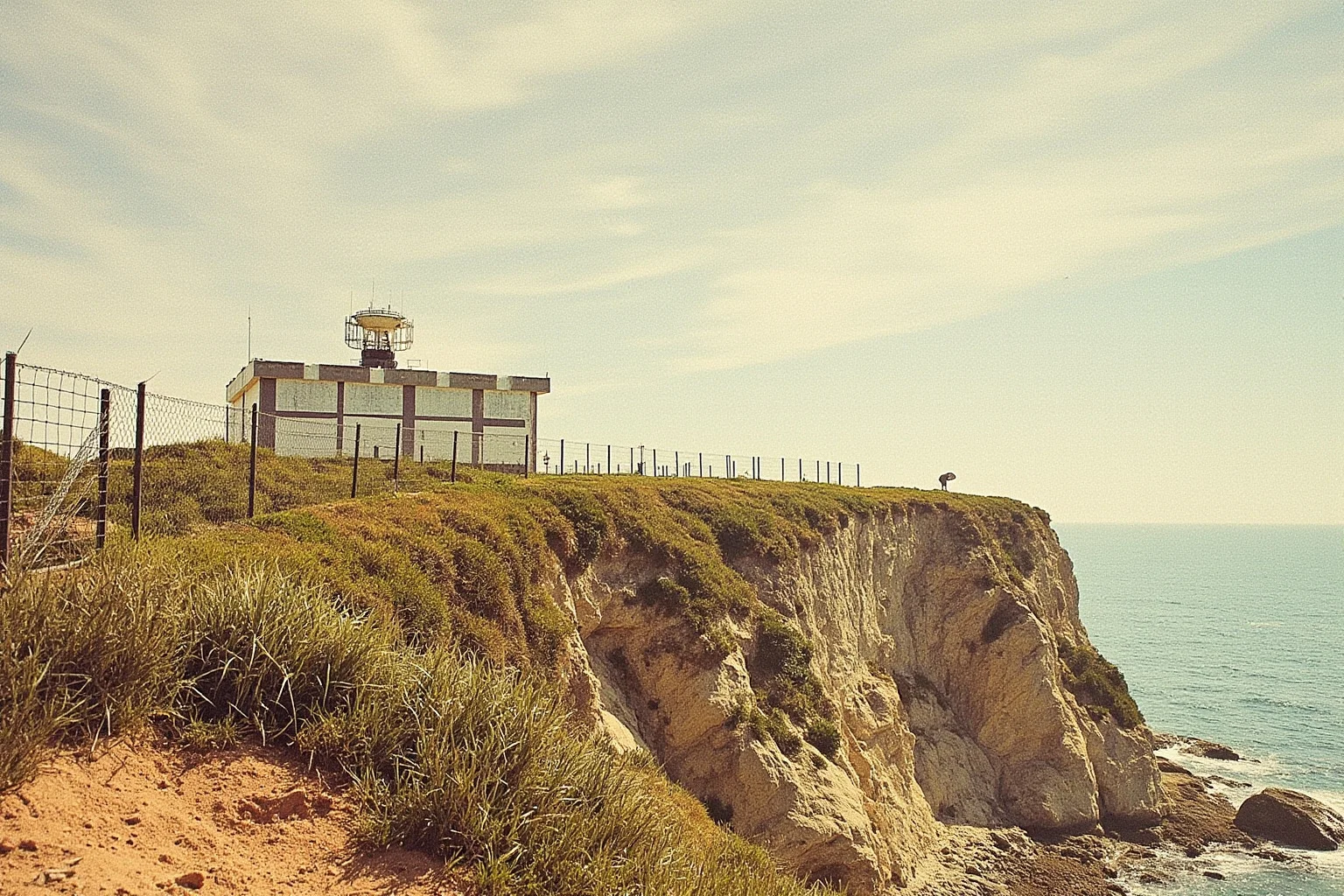 Proof of Time Travel? 20 Famous Photos, Notes, and Stories Fact-Checked 13 Retro 1980s conspiracy-file aesthetic illustration of a fenced-off military radar installation on a coastal bluff