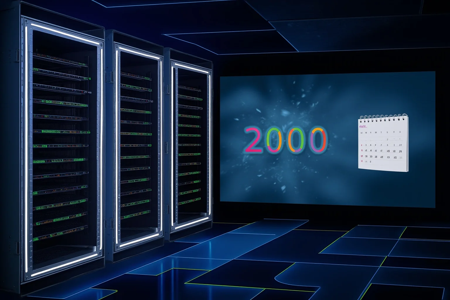 Retro computer server room illustration with blinking lights and a large calendar showing the year 2000