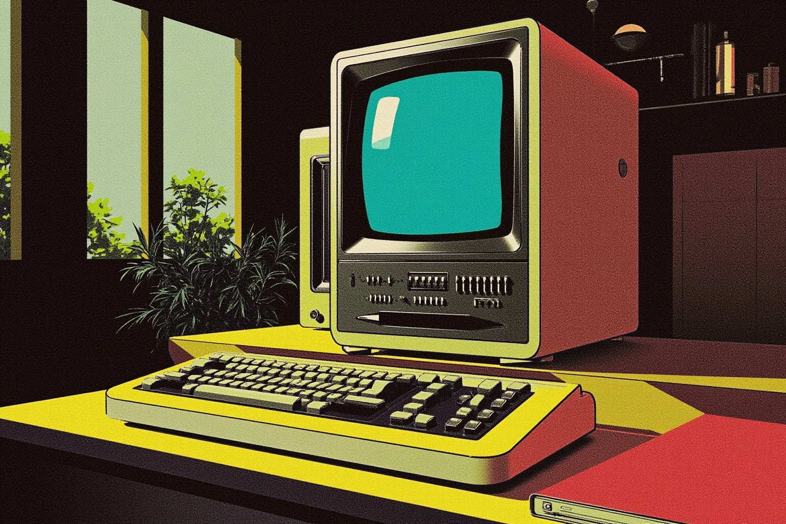 Retro-futuristic 1960s style illustration of a home computer terminal with glowing screen