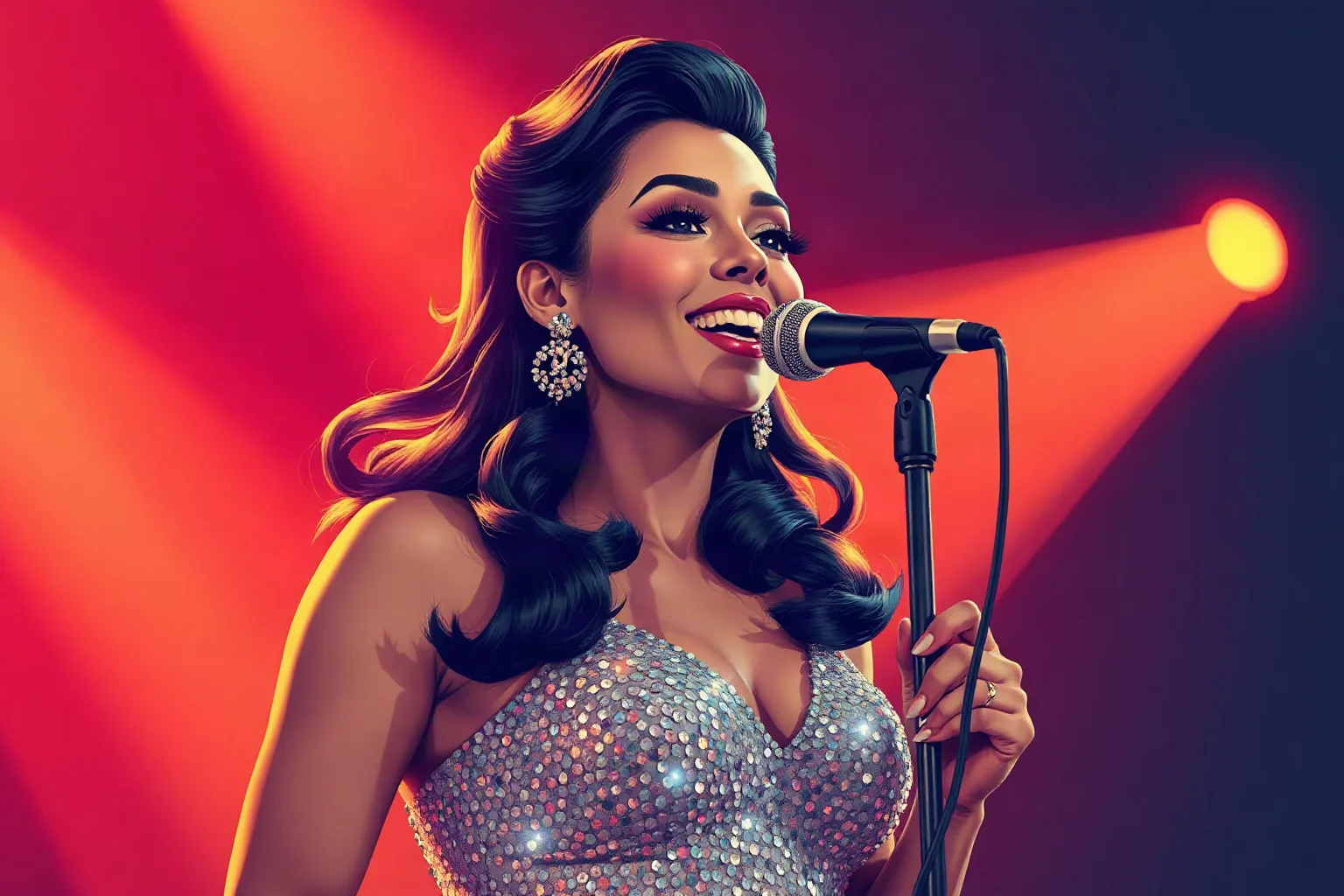Retro illustrated portrait of a glamorous Motown-era singer in a sequined gown holding a microphone, warm stage lighting, poster art style