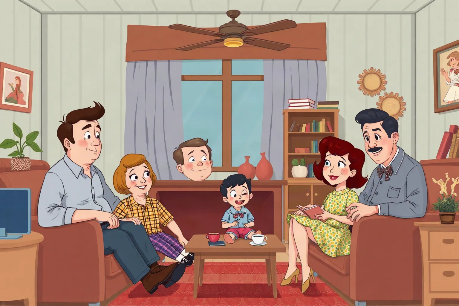 Retro illustrated sitcom-style family scene in a 1960s living room, comedic and warm art style