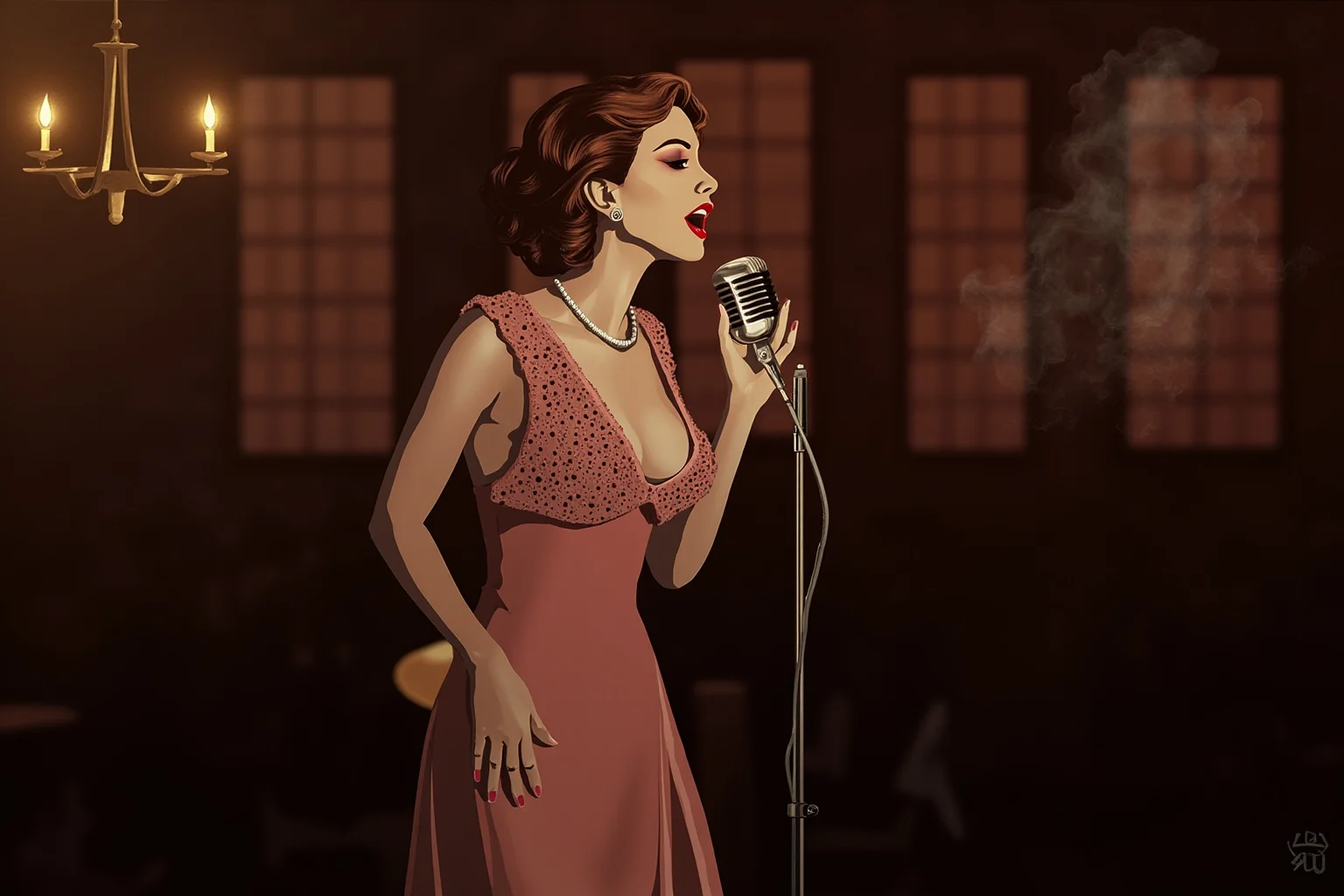 Retro illustration of a 1950s jazz vocalist in an elegant gown singing into a vintage microphone in a smoky jazz club