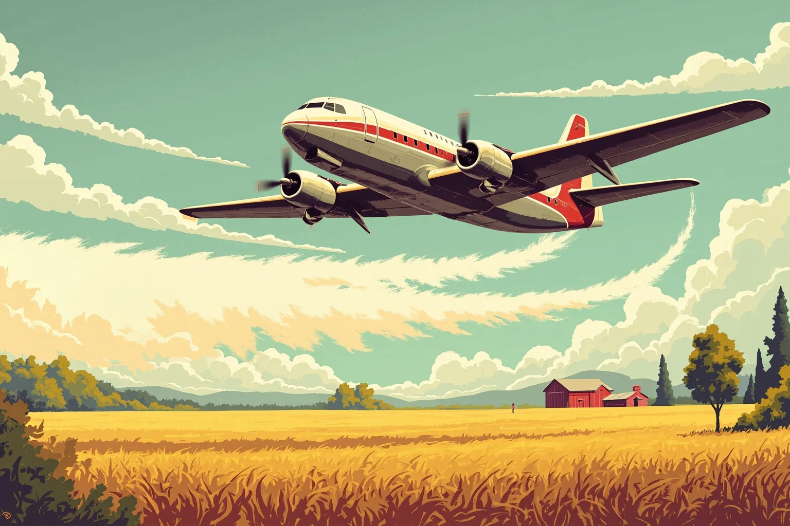 The Worst Inventions of All Time, Ranked 4 Retro illustration of a crop duster plane spraying pesticide over farmland, 1950s style