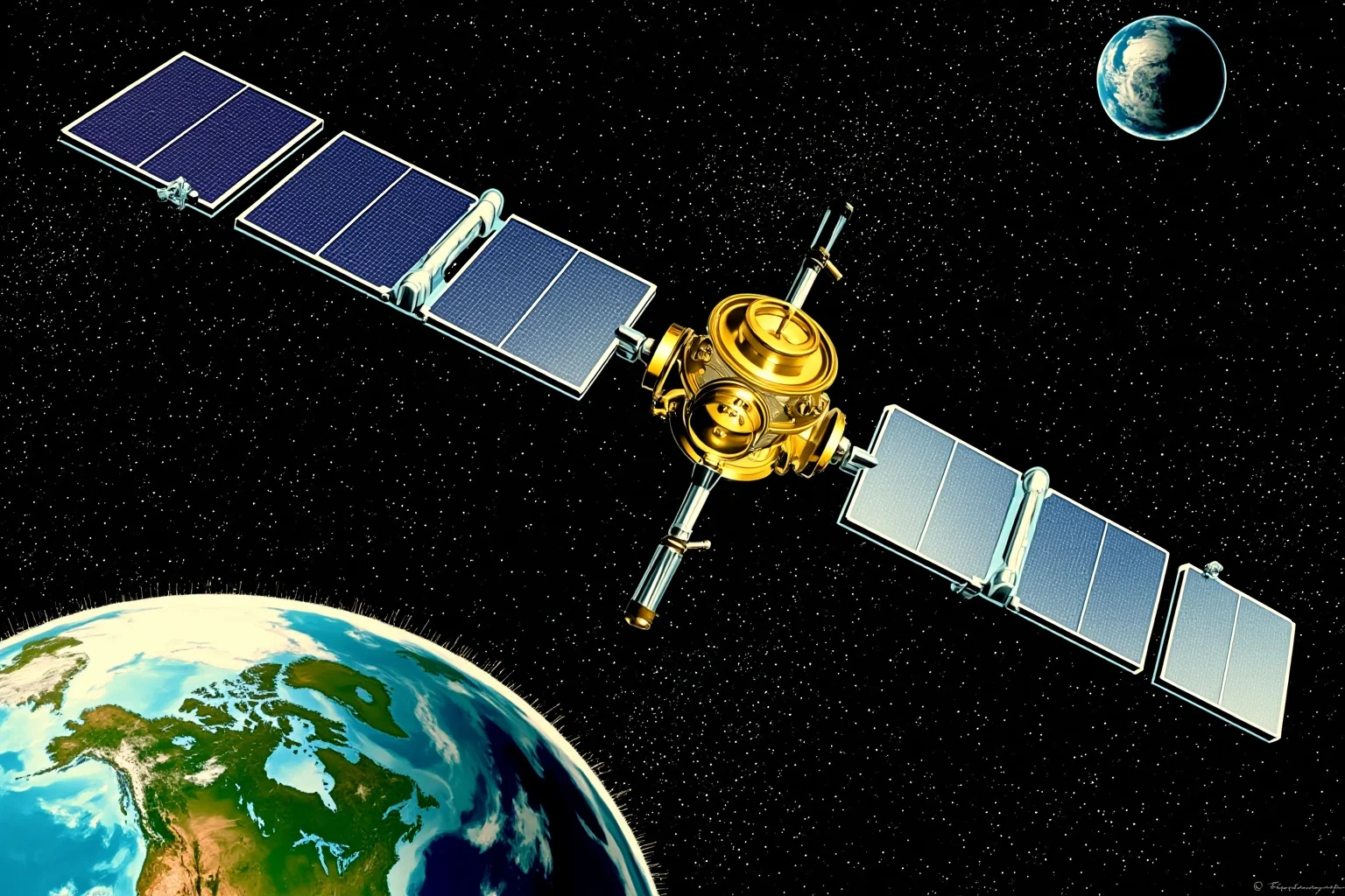 Retro illustration of a satellite orbiting Earth against a starry space background