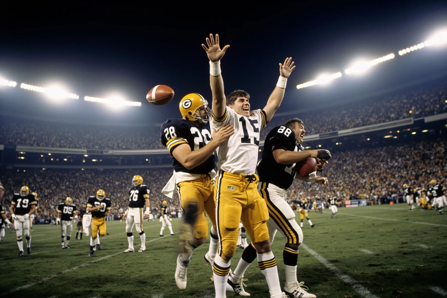 Biggest Blowouts in Sports History 3 Retro Super Bowl scene from the late 1980s, a dominant football team celebrating a huge victory margin under stadium lights