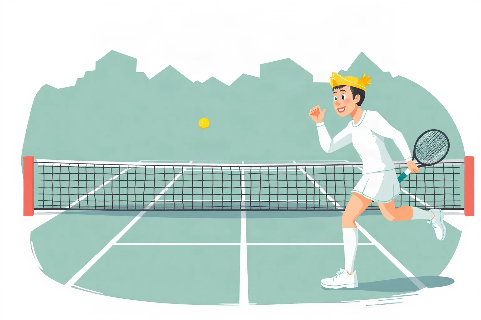 Retro tennis match illustration with one calm and one animated player on opposite ends of the net