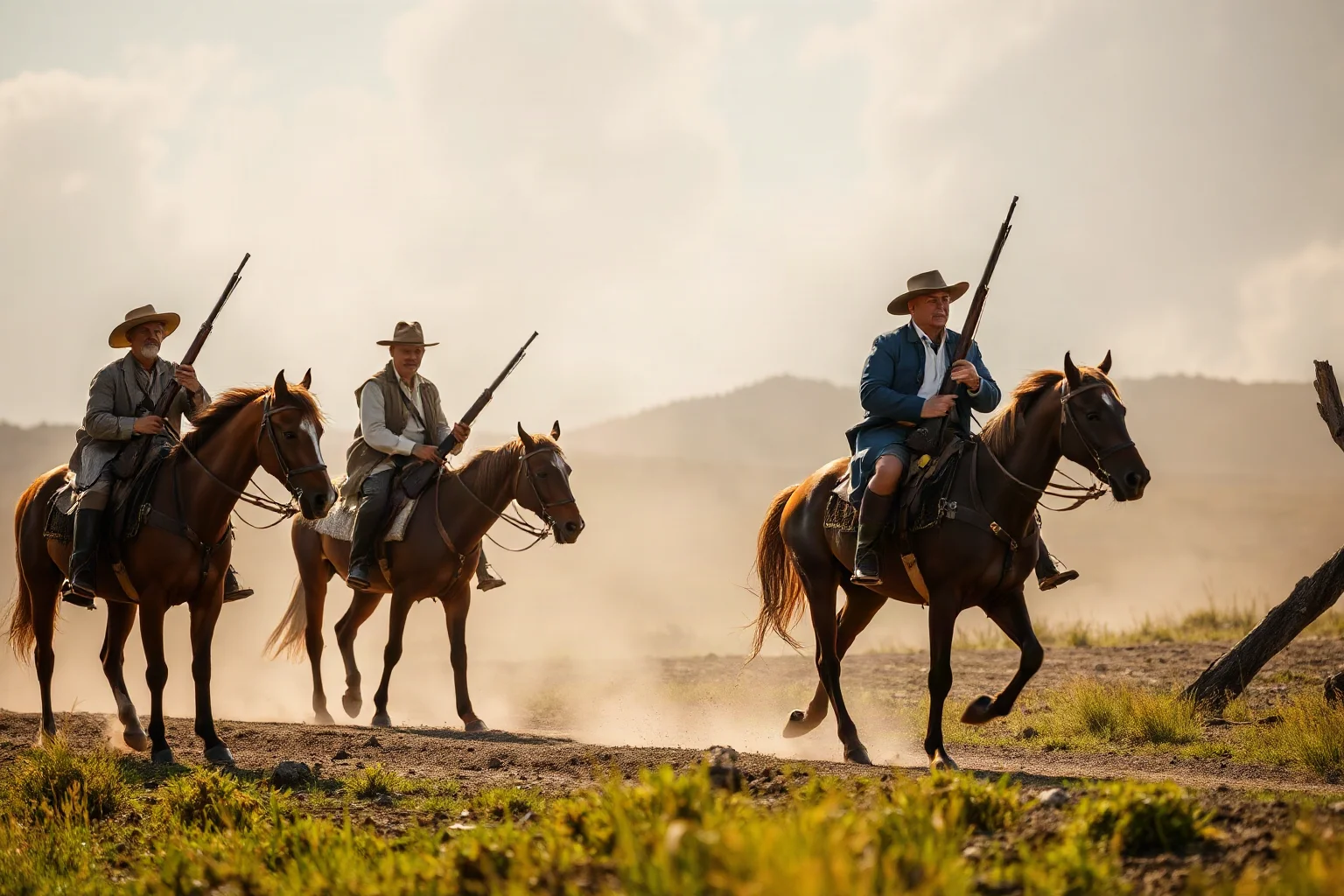 Revolutionaries on horseback with rifles and wide-brimmed hats in a dusty rural landscape