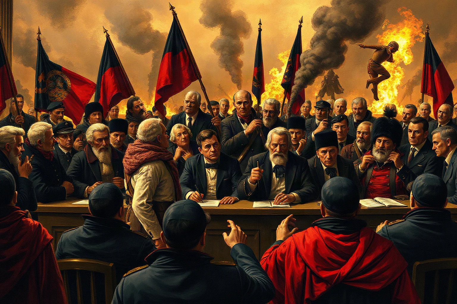 Revolutionary tribunal during violent political upheaval, former allies being judged as the revolution consumes itself