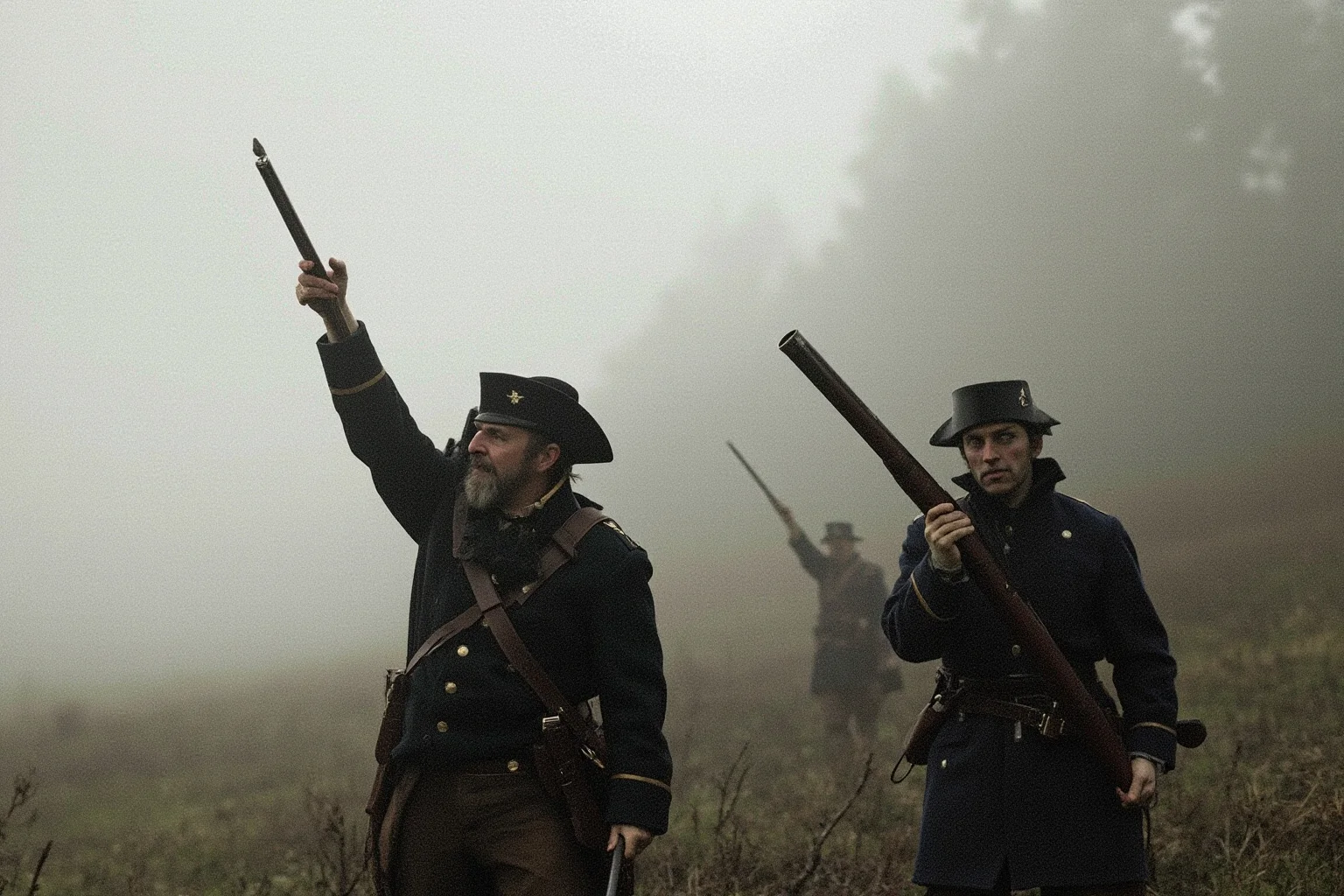 Memorable Moments Of Friendly Fire Throughout History 4 Revolutionary War-era soldiers in thick fog on a battlefield, muskets raised, illustrative historical art style