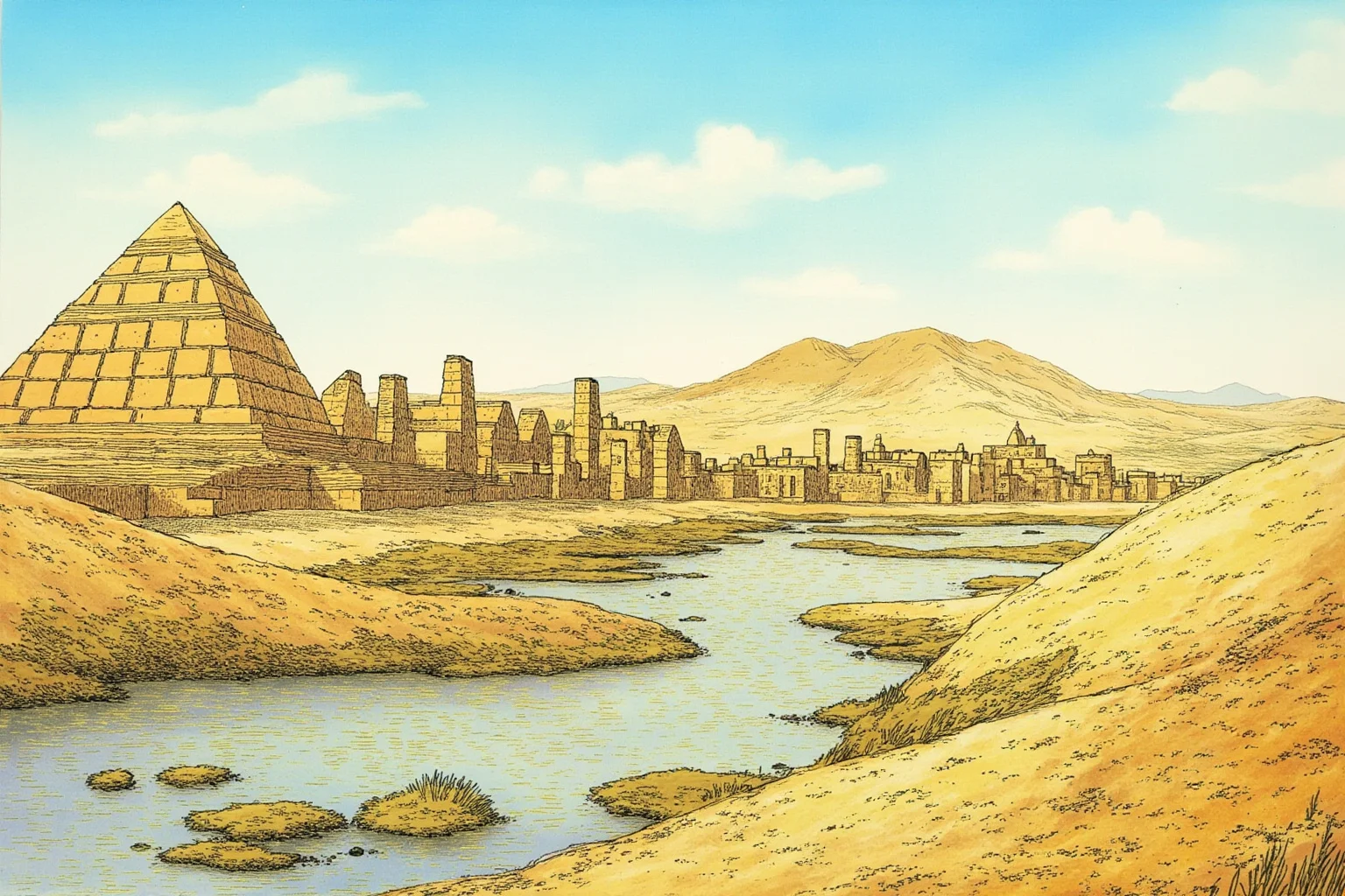 Illustration of ancient Sumerian ziggurat and mudbrick city beside the marshy Tigris-Euphrates floodplain