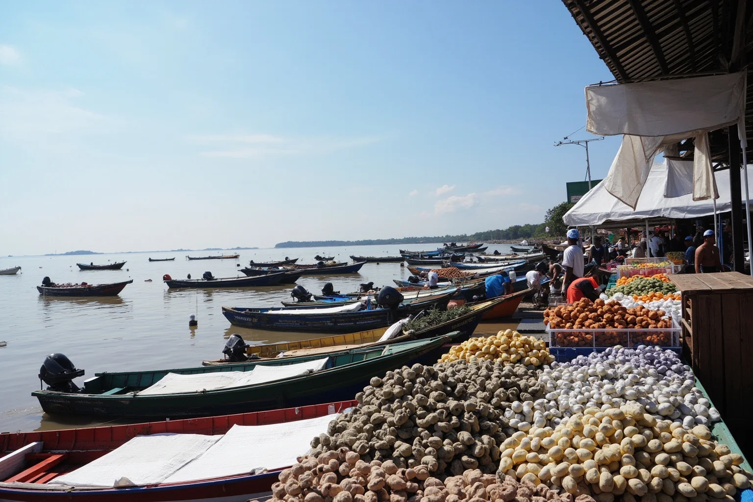 Riverside open-air market at Ver-o-Peso in Belém, Brazil with fishing boats and produce stalls along the Amazon waterfront