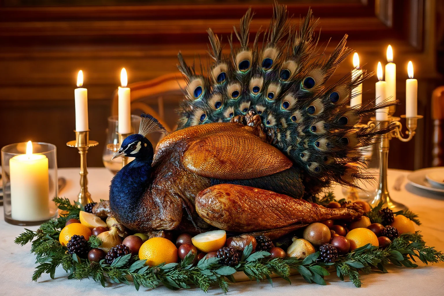Roasted peacock with elaborate feathers still attached, presented on a noble feast table with candlelight