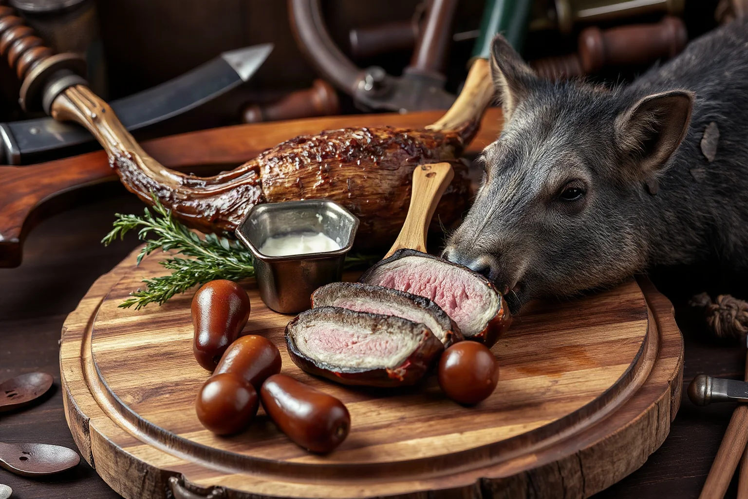 Roasted venison haunch and wild boar on a wooden platter with medieval hunting weapons in background
