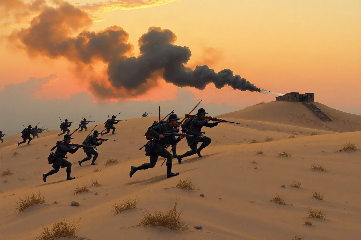 A somber Civil War-era Union infantry regiment charging a sand-dune fortification at dusk, cannon smoke in the air, painted in a historical illustration style