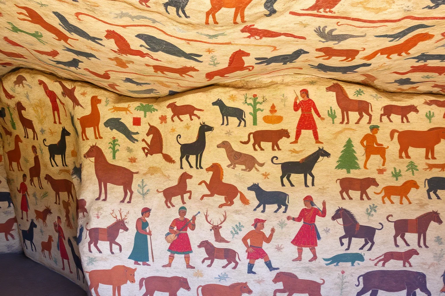Rock shelter walls covered with thousands of paintings depicting animals, human figures, and daily life scenes in multiple colors