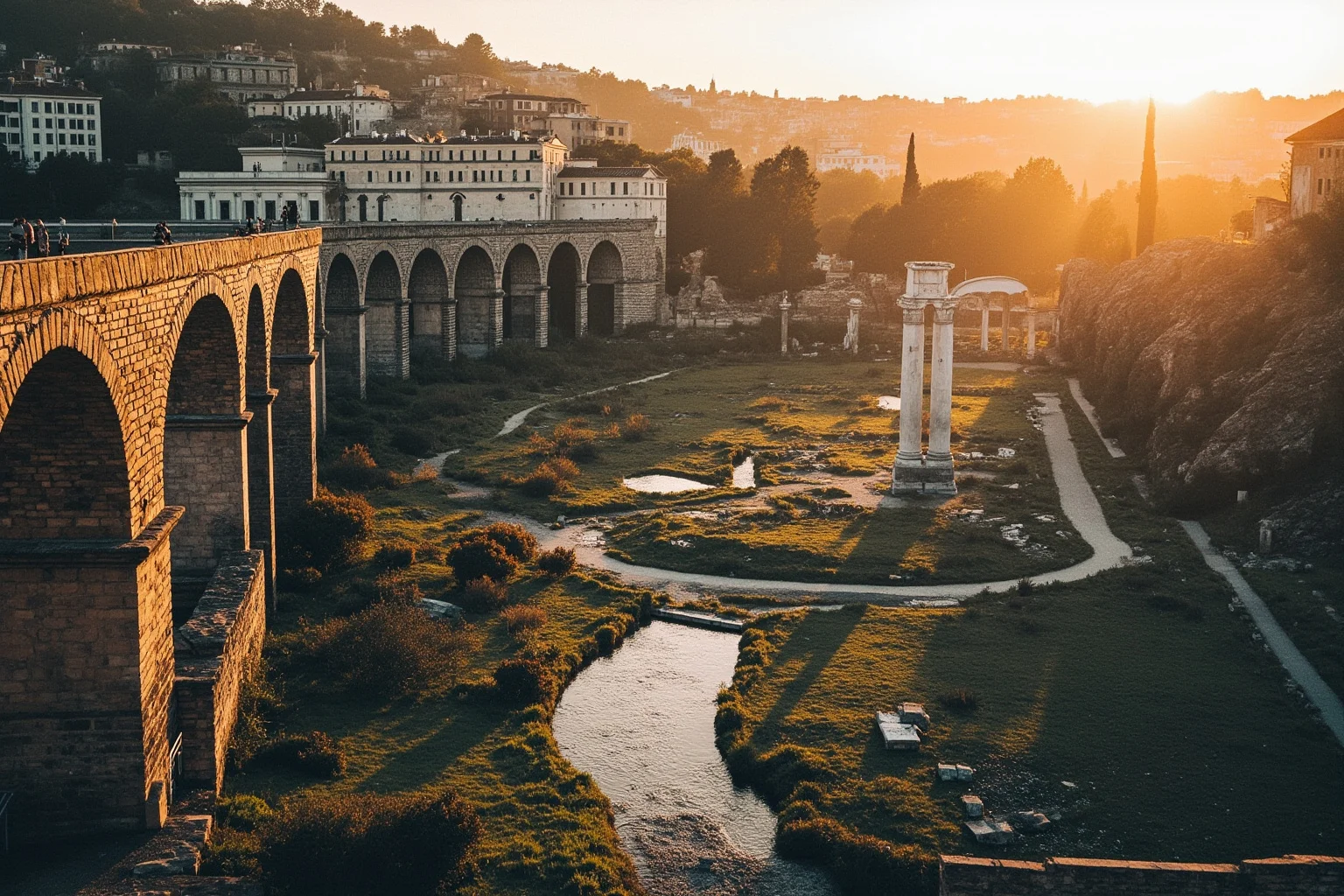 Roman aqueduct and marble forum ruins bathed in golden late-afternoon light