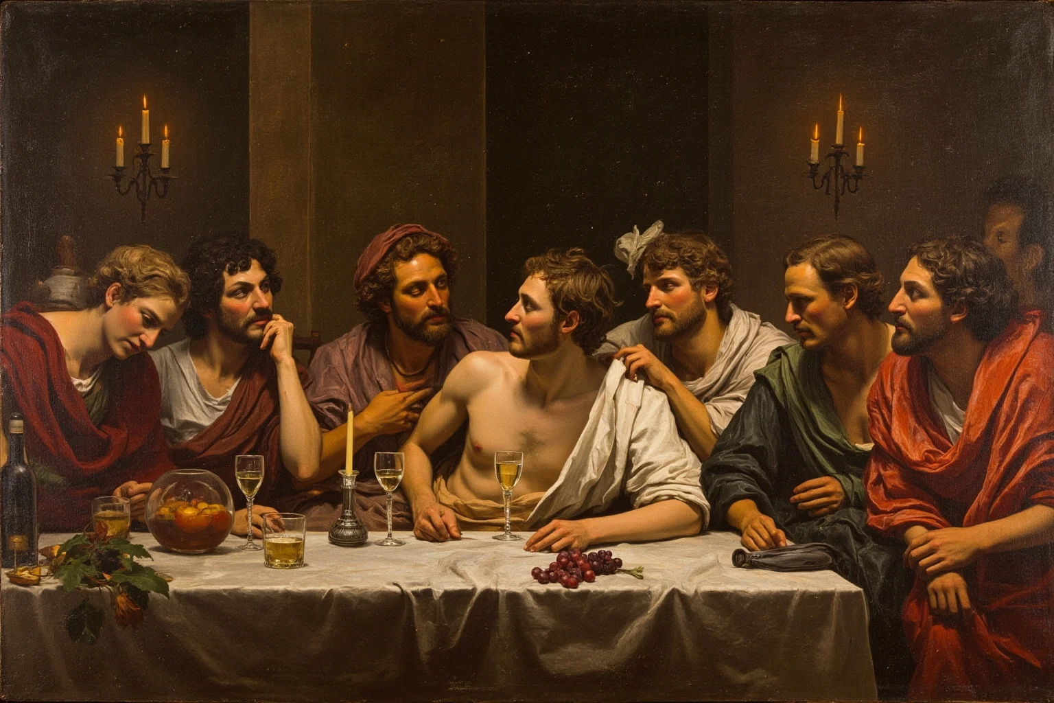 Roman banquet scene with guests reclining around a table, wine goblets and grapes, warm candlelight, classical fresco style