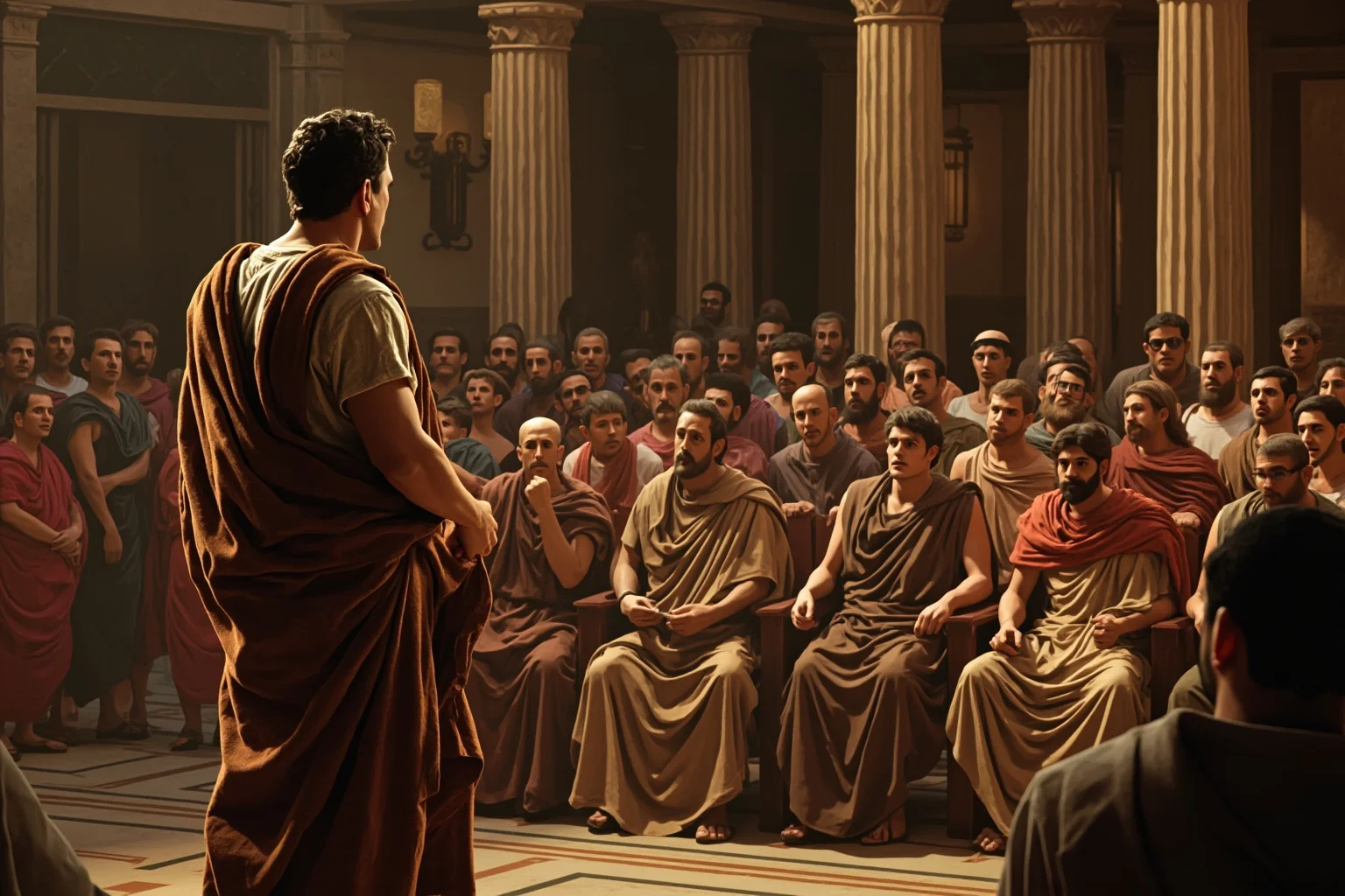 Roman courtroom scene with a toga-clad orator addressing seated senators, classical architecture in the background