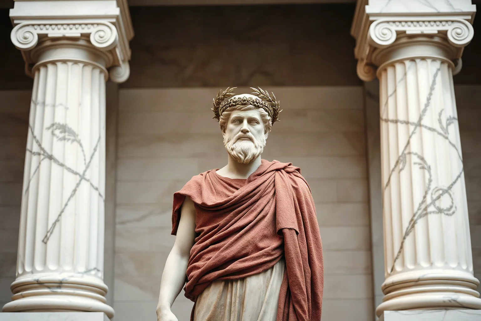 Roman emperor in a toga standing before classical marble columns and a laurel wreath