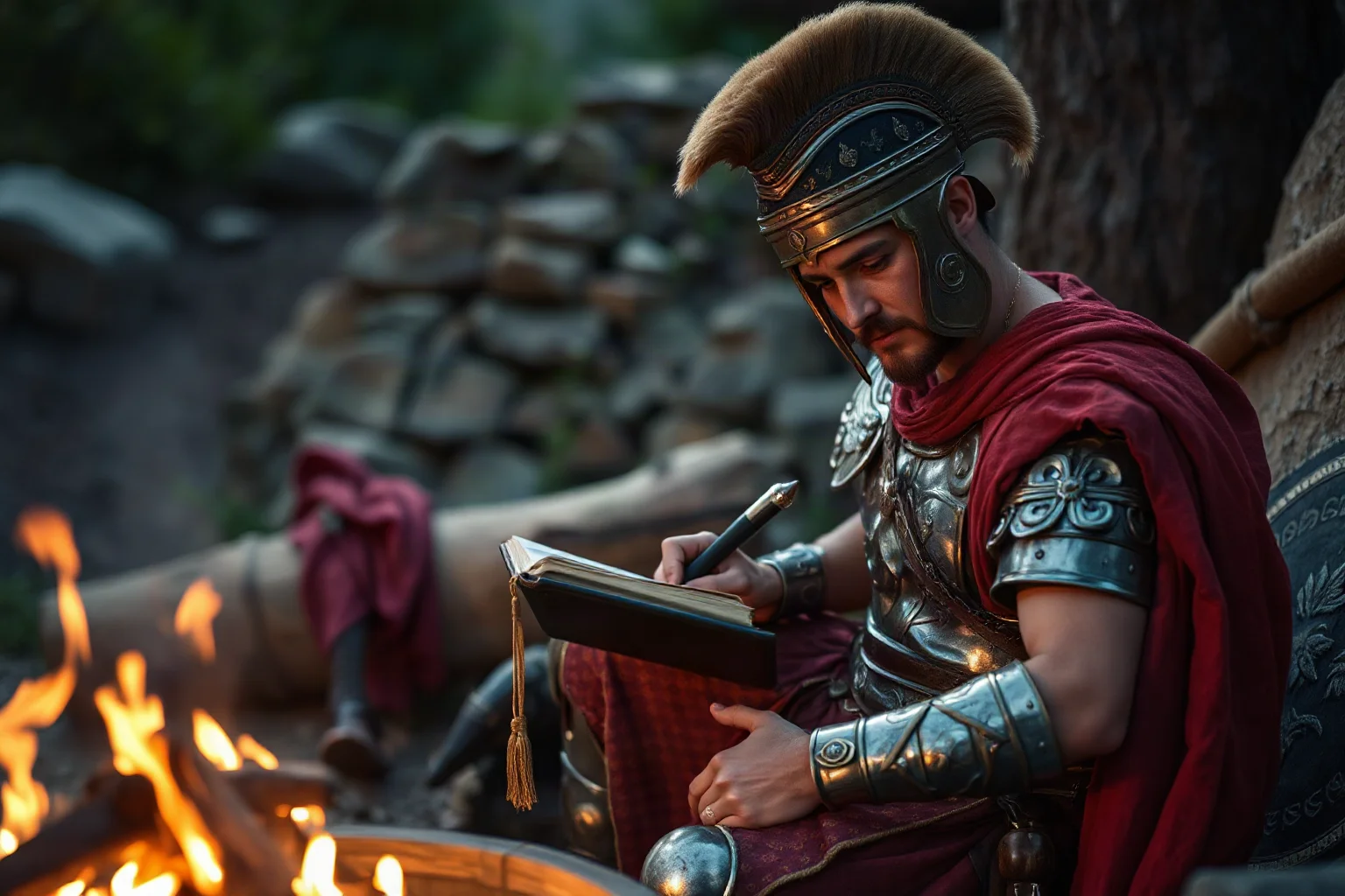 Roman emperor in armor writing in a private journal by a campfire, contemplative mood, ancient historical setting
