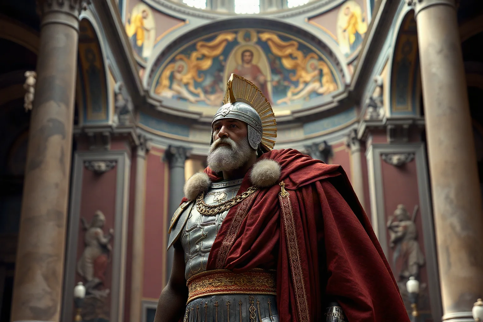 Roman emperor in ceremonial robes at a grand basilica with early Christian symbols
