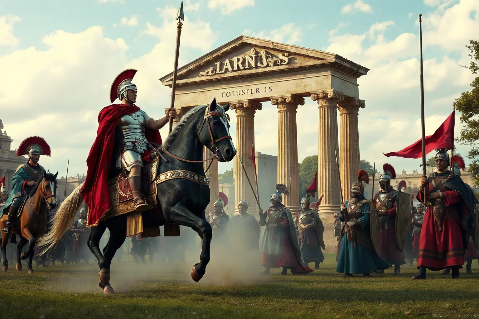 Roman emperor on horseback leading troops past a triumphal stone column