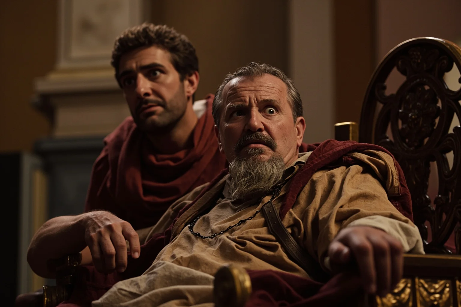 20 of History's Most Infamous 'Ugly' Figures — Myth vs. Reality 4 Roman emperor with neurological condition, unsteady posture, speech difficulty, seated on throne with concerned attendants nearby, classical Roman interior