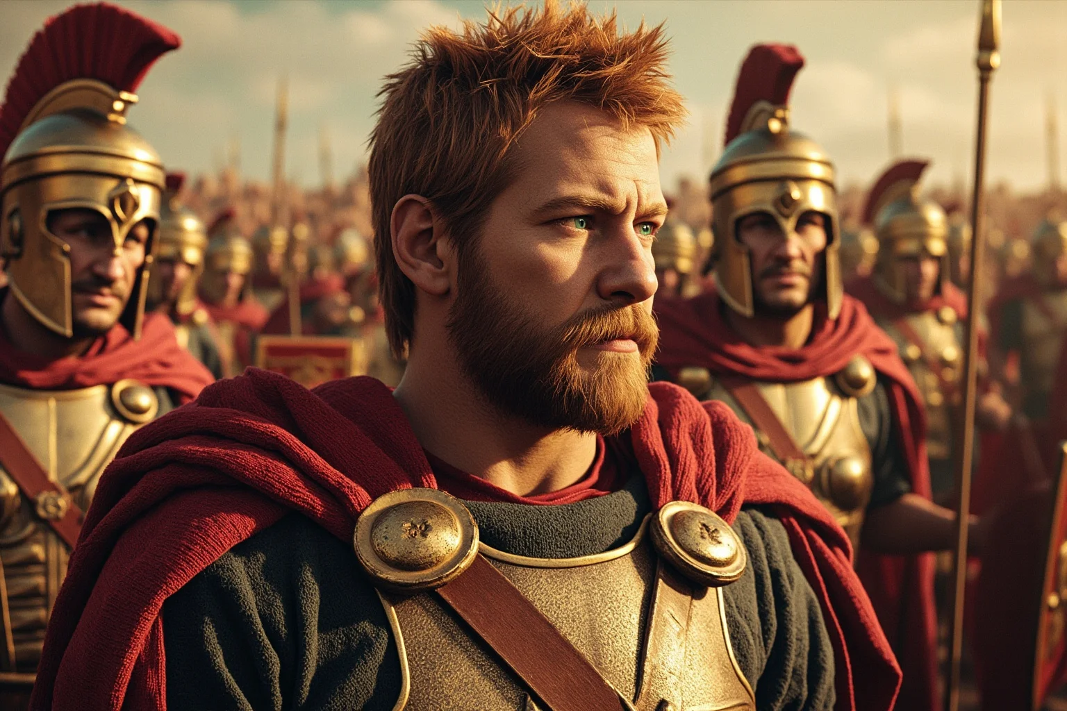 Roman-era illustration of a Gallic or Britannic warrior with reddish hair facing Roman soldiers, artistic style