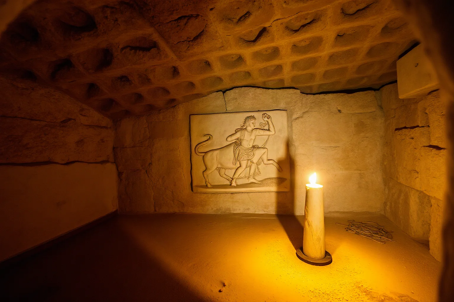 Roman-era underground Mithraic temple with carved relief of Mithras slaying a bull, torchlit
