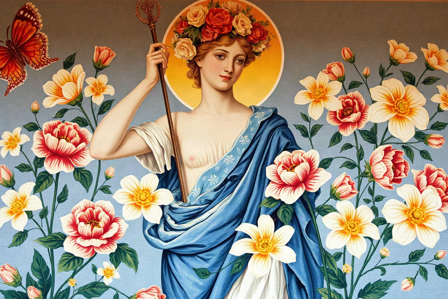 Roman fresco-style image of Flora surrounded by blooming spring flowers, classical art style